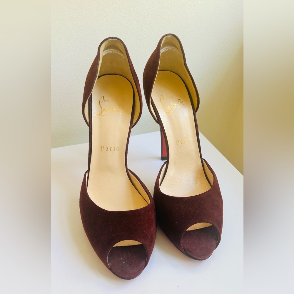 Christian Louboutin Burgundy Suede Peep-Toe Heels